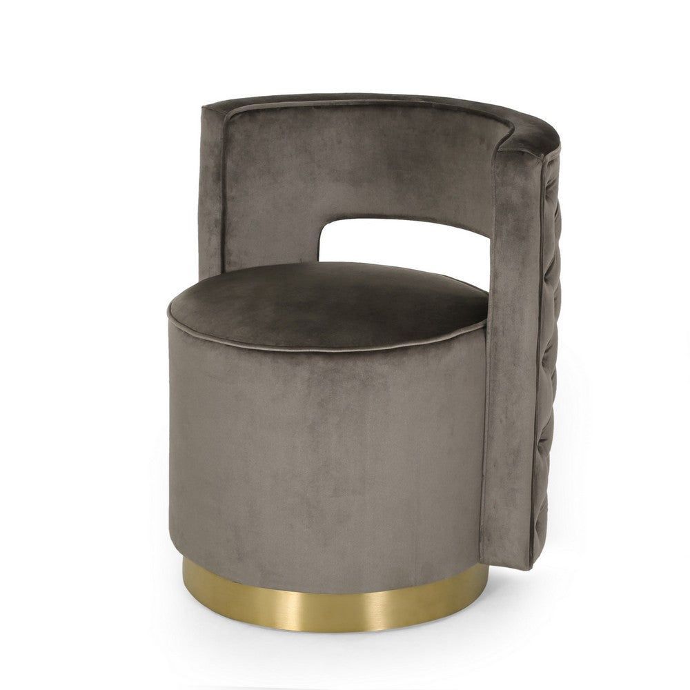 Viki Swivel Armchair, Round Open Back, Gold Metal, Gray Tufted Velvet -BM323655