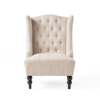 Club Chair, High Wingback, Birch Wood Legs, Beige Button Tufted Fabric -BM323657
