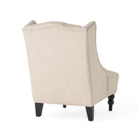Club Chair, High Wingback, Birch Wood Legs, Beige Button Tufted Fabric -BM323657