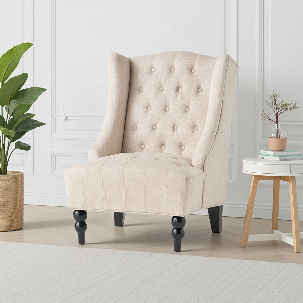 Club Chair, High Wingback, Birch Wood Legs, Beige Button Tufted Fabric -BM323657