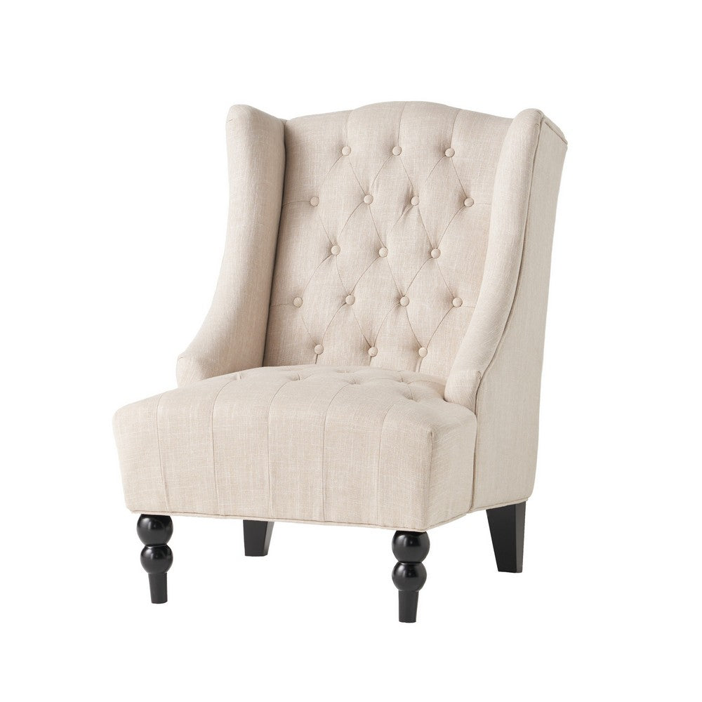 Club Chair, High Wingback, Birch Wood Legs, Beige Button Tufted Fabric -BM323657