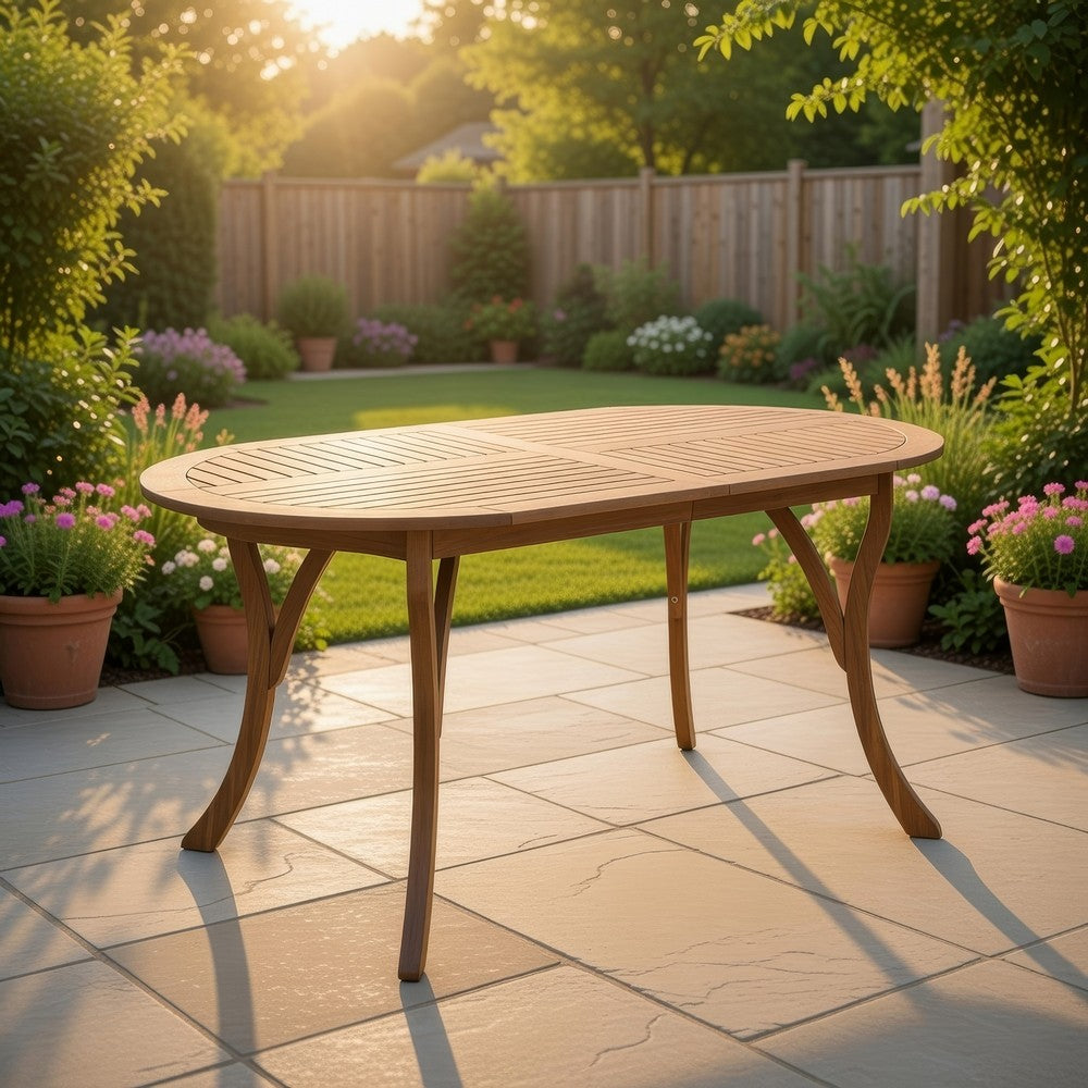 Outdoor Dining Table, 70 Inch Slat Style Oval Top, Teak Acacia Wood -BM323658