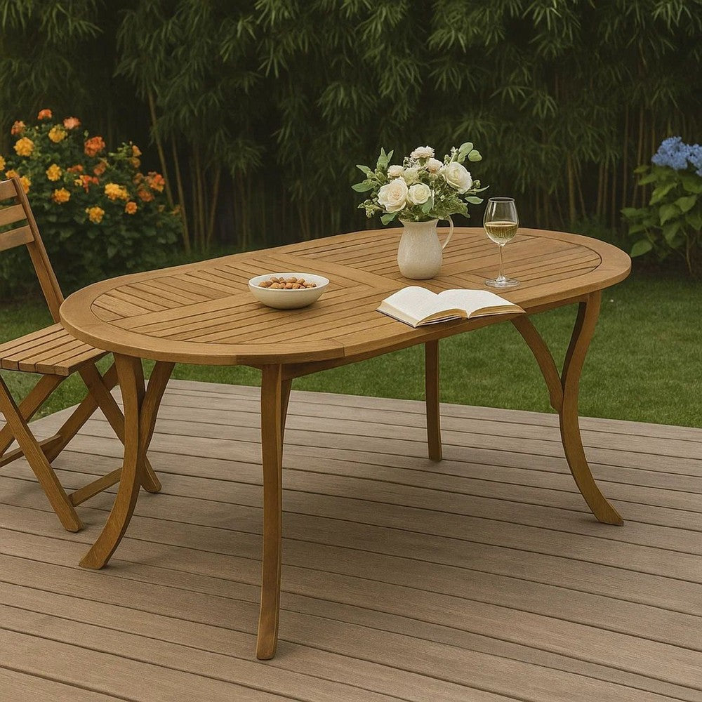 Outdoor Dining Table, 70 Inch Slat Style Oval Top, Teak Acacia Wood -BM323658