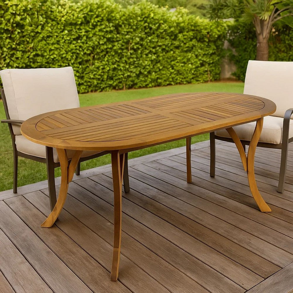 Outdoor Dining Table, 70 Inch Slat Style Oval Top, Teak Acacia Wood -BM323658