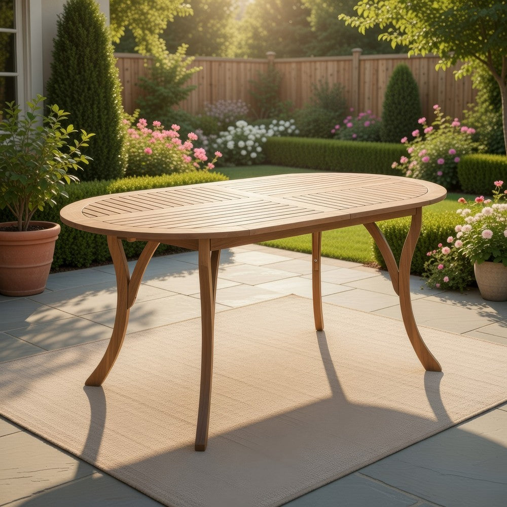 Outdoor Dining Table, 70 Inch Slat Style Oval Top, Teak Acacia Wood -BM323658