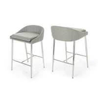 Yoko Set of 2 Counter Stool Chairs, Curved Back, Chrome Iron Legs, Gray Fabric - BM323659