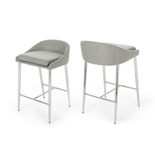 Yoko Set of 2 Counter Stool Chairs, Curved Back, Chrome Iron Legs, Gray Fabric - BM323659