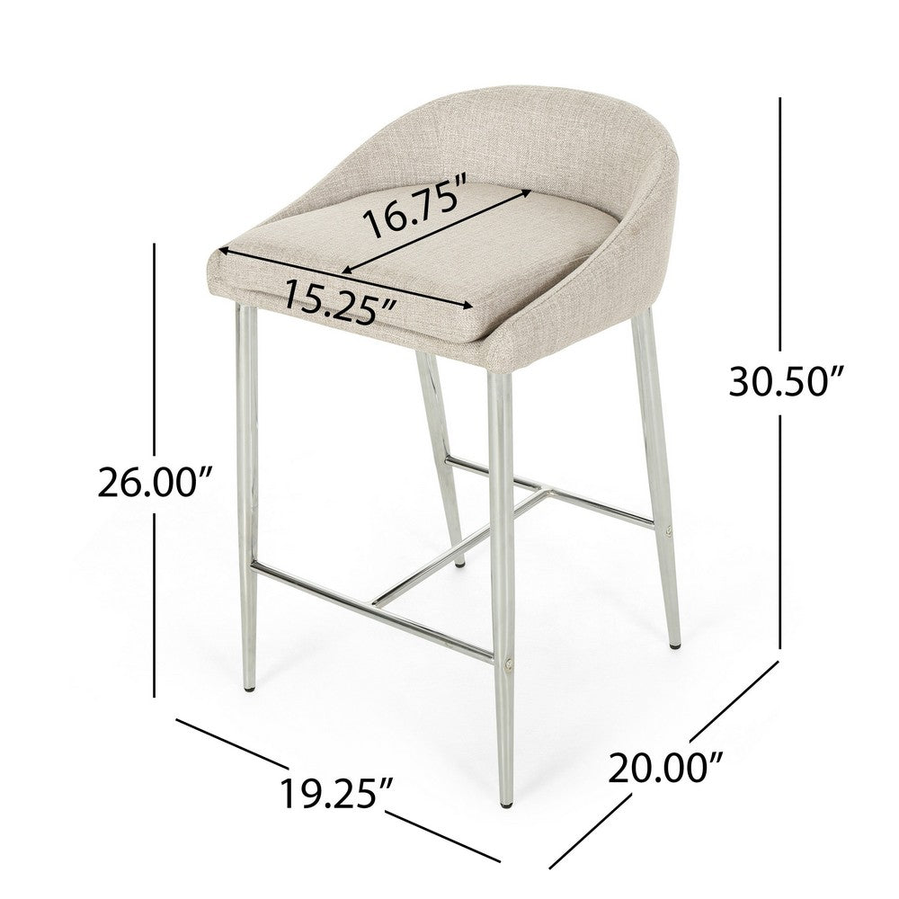 Yoko Counter Stool Chair, Curved Back, Chrome Iron Legs, Beige Fabric -BM323660