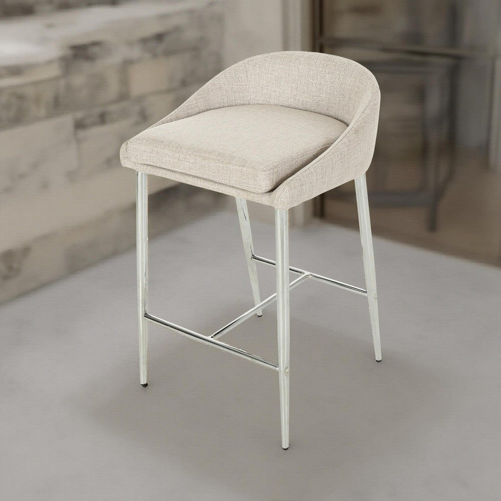 Yoko Counter Stool Chair, Curved Back, Chrome Iron Legs, Beige Fabric -BM323660