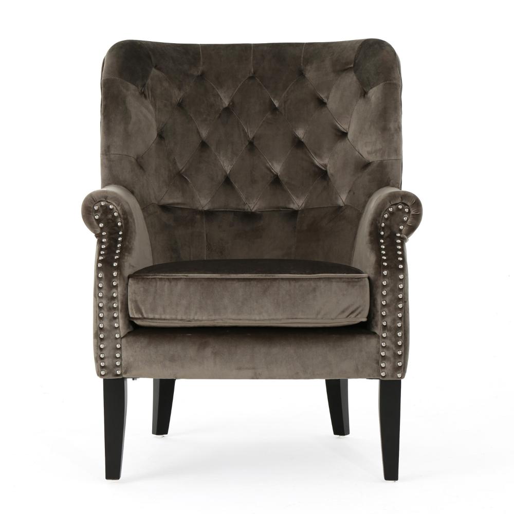 Nire Accent Club Chair, Nailhead Trim, Brown Birch Wood, Gray Velvet -BM323663