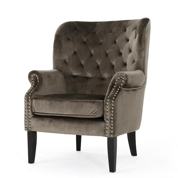 Nire Accent Club Chair, Nailhead Trim, Brown Birch Wood, Gray Velvet