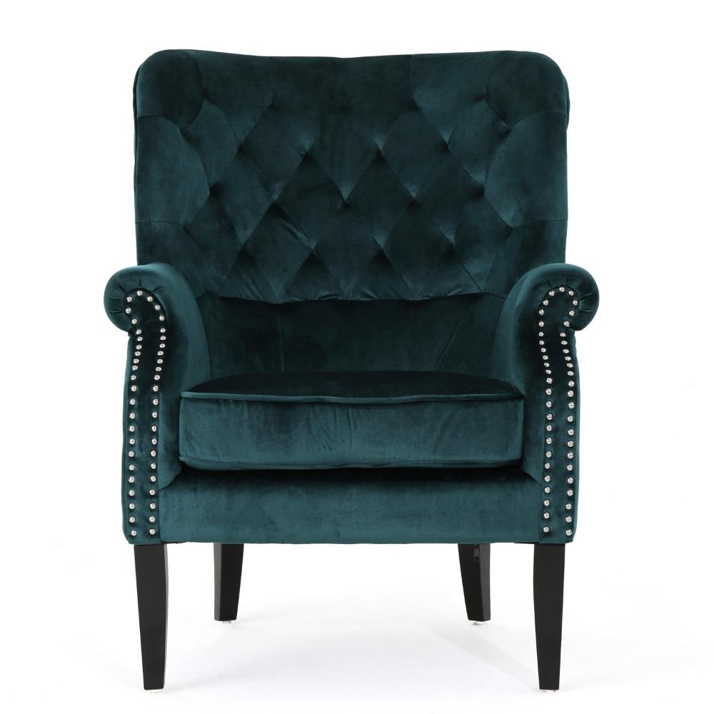 Nire Accent Club Chair, Nailhead Trim, Brown Birch Wood, Teal Velvet -BM323664