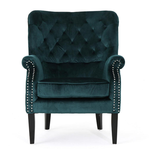 Nire Accent Club Chair, Nailhead Trim, Brown Birch Wood, Teal Velvet -BM323664