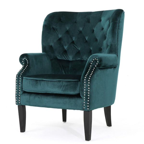 Nire Accent Club Chair, Nailhead Trim, Brown Birch Wood, Teal Velvet