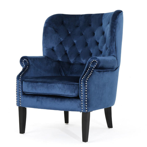Nire Accent Club Chair, Nailhead Trim, Brown Birch Wood, Blue Velvet