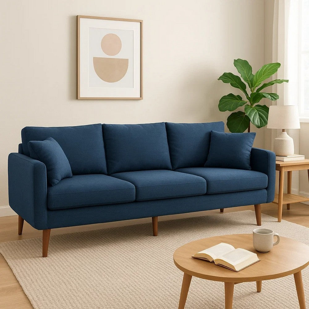 Nate Sofa with 2 Accent Pillows, 77 Inch Birch Wood, Navy Blue Fabric -BM323669