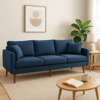Nate Sofa with 2 Accent Pillows, 77 Inch Birch Wood, Navy Blue Fabric -BM323669