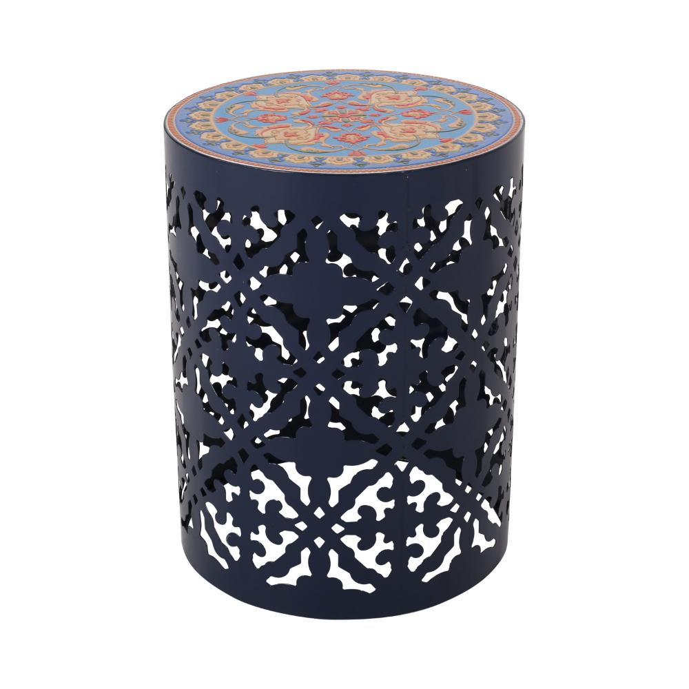 Riki Side End Table, 14 Inch, Mosaic Tile Rattan Top, Dark Blue Lace Cut Metal -BM323676