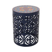 Riki Side End Table, 14 Inch, Mosaic Tile Rattan Top, Dark Blue Lace Cut Metal -BM323676