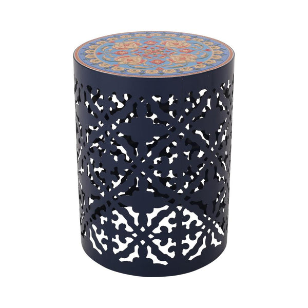 Riki Side End Table, 14 Inch, Mosaic Tile Rattan Top, Dark Blue Lace Cut Metal -BM323676