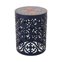 Riki Side End Table, 14 Inch, Mosaic Tile Rattan Top, Dark Blue Lace Cut Metal -BM323676