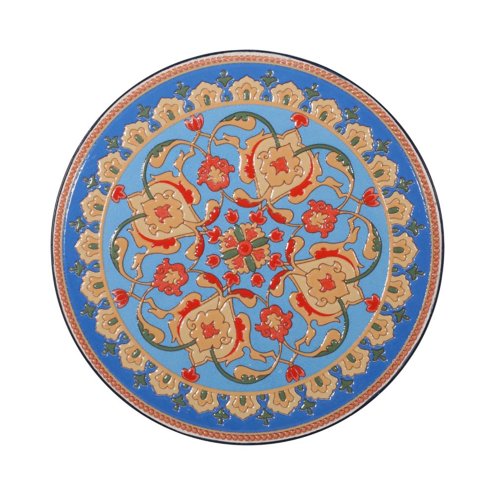 Riki Side End Table, 14 Inch, Mosaic Tile Rattan Top, Dark Blue Lace Cut Metal -BM323676