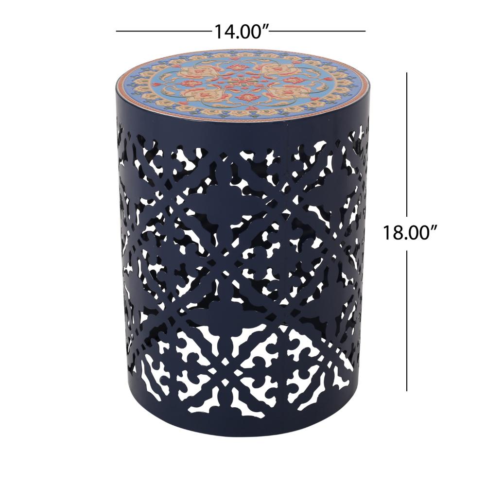 Riki Side End Table, 14 Inch, Mosaic Tile Rattan Top, Dark Blue Lace Cut Metal -BM323676