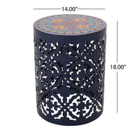 Riki Side End Table, 14 Inch, Mosaic Tile Rattan Top, Dark Blue Lace Cut Metal -BM323676