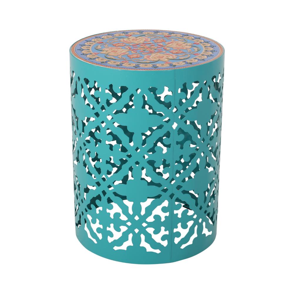 Riki Side End Table, 14 Inch, Mosaic Tile Rattan, Teal Lace Cut Metal -BM323677