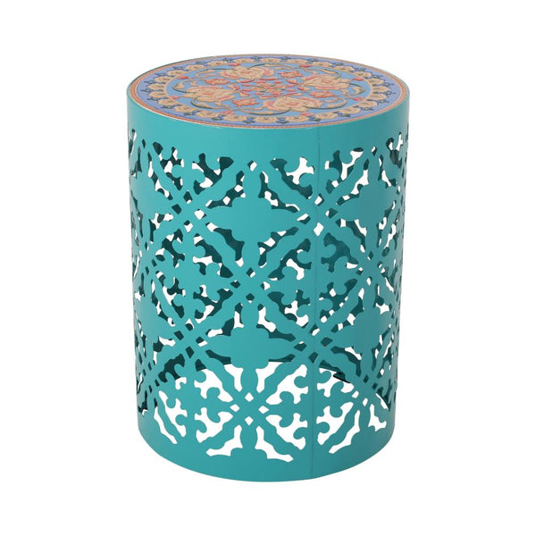 Riki Side End Table, 14 Inch, Mosaic Tile Rattan, Teal Lace Cut Metal -BM323677