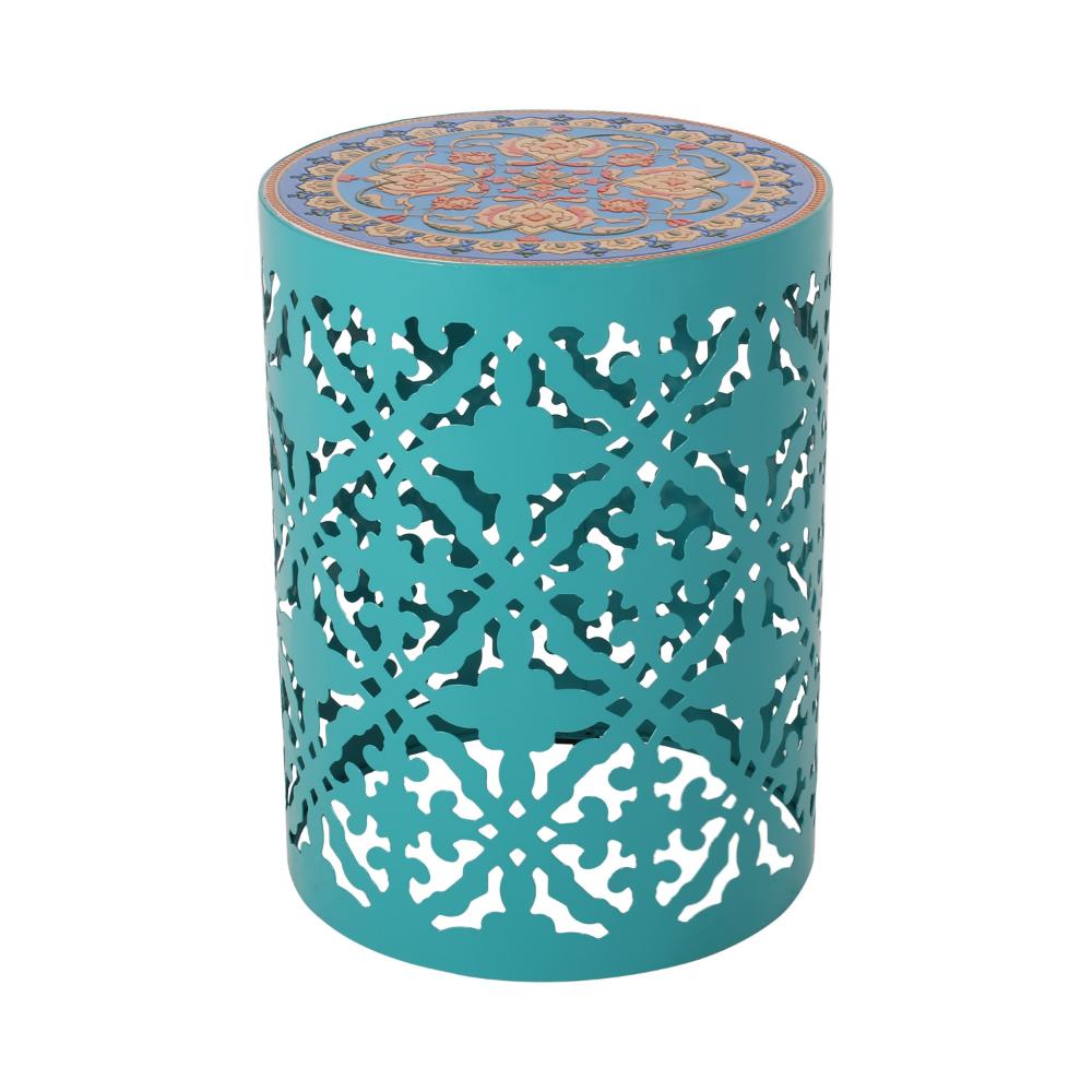 Riki Side End Table, 14 Inch, Mosaic Tile Rattan, Teal Lace Cut Metal -BM323677