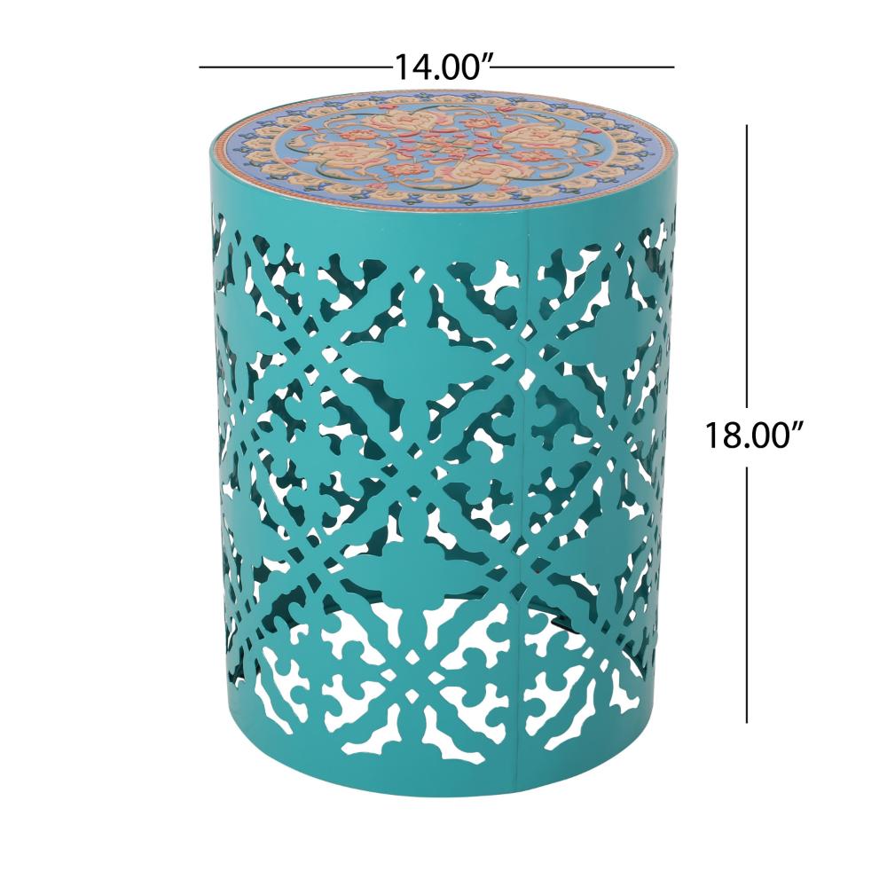 Riki Side End Table, 14 Inch, Mosaic Tile Rattan, Teal Lace Cut Metal -BM323677