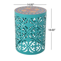 Riki Side End Table, 14 Inch, Mosaic Tile Rattan, Teal Lace Cut Metal -BM323677