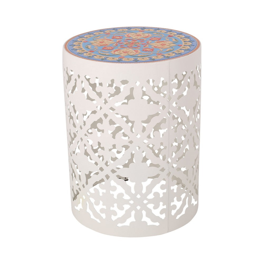 Riki Side End Table, 14 Inch, Mosaic Tile Rattan, White Lace Cut Metal -BM323678