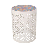 Riki Side End Table, 14 Inch, Mosaic Tile Rattan, White Lace Cut Metal -BM323678