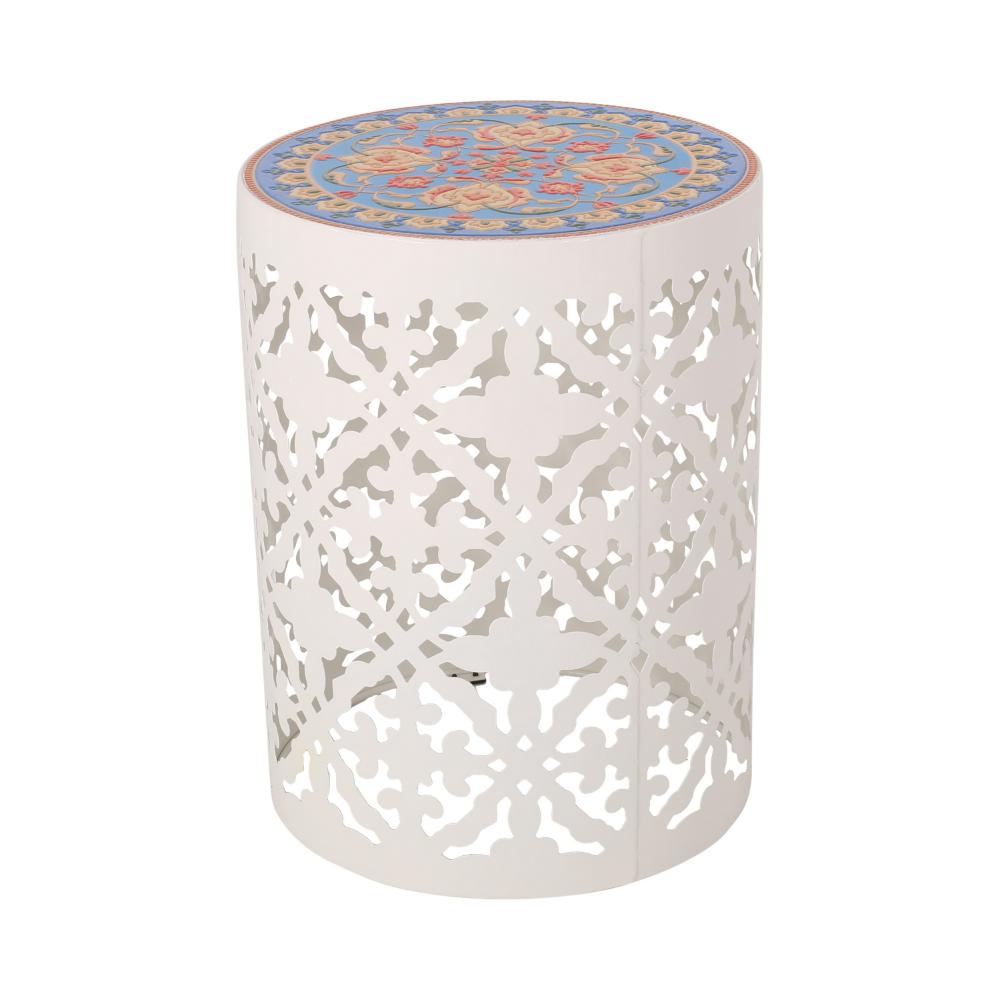 Riki Side End Table, 14 Inch, Mosaic Tile Rattan, White Lace Cut Metal -BM323678