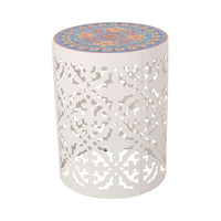 Riki Side End Table, 14 Inch, Mosaic Tile Rattan, White Lace Cut Metal -BM323678
