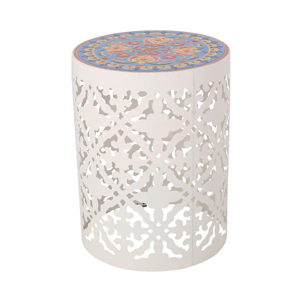 Riki Side End Table, 14 Inch, Mosaic Tile Rattan, White Lace Cut Metal -BM323678