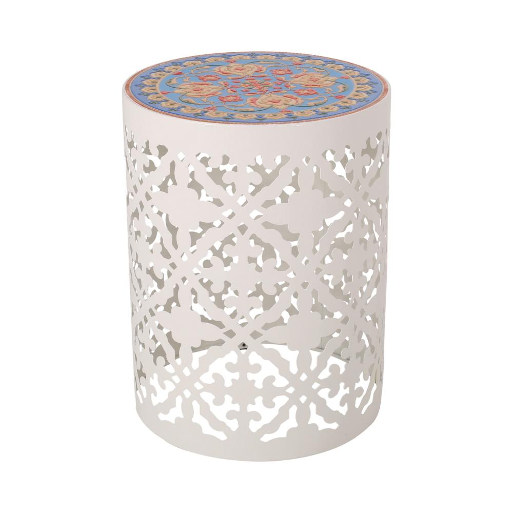 Riki Side End Table, 14 Inch, Mosaic Tile Rattan, White Lace Cut Metal -BM323678