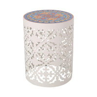 Riki Side End Table, 14 Inch, Mosaic Tile Rattan, White Lace Cut Metal -BM323678