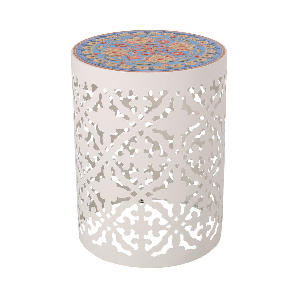 Riki Side End Table, 14 Inch, Mosaic Tile Rattan, White Lace Cut Metal -BM323678