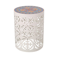 Riki Side End Table, 14 Inch, Mosaic Tile Rattan, White Lace Cut Metal -BM323678