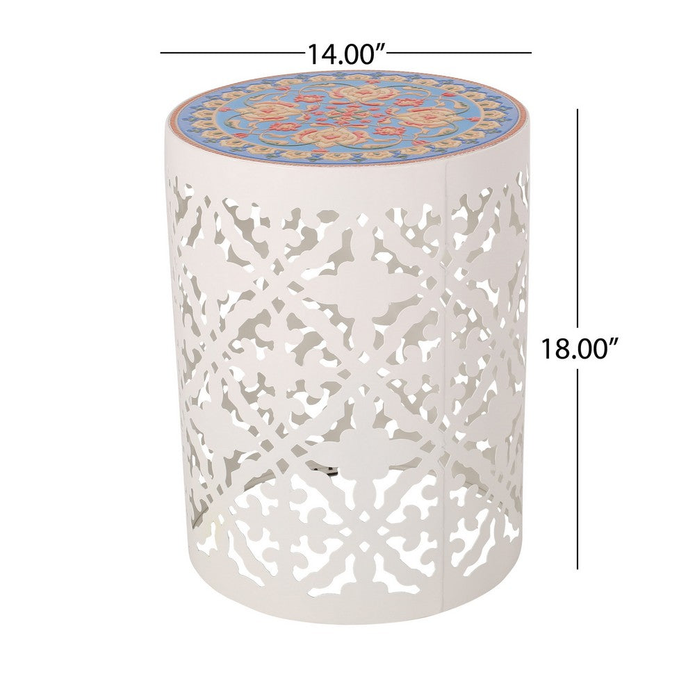 Riki Side End Table, 14 Inch, Mosaic Tile Rattan, White Lace Cut Metal -BM323678