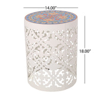 Riki Side End Table, 14 Inch, Mosaic Tile Rattan, White Lace Cut Metal -BM323678