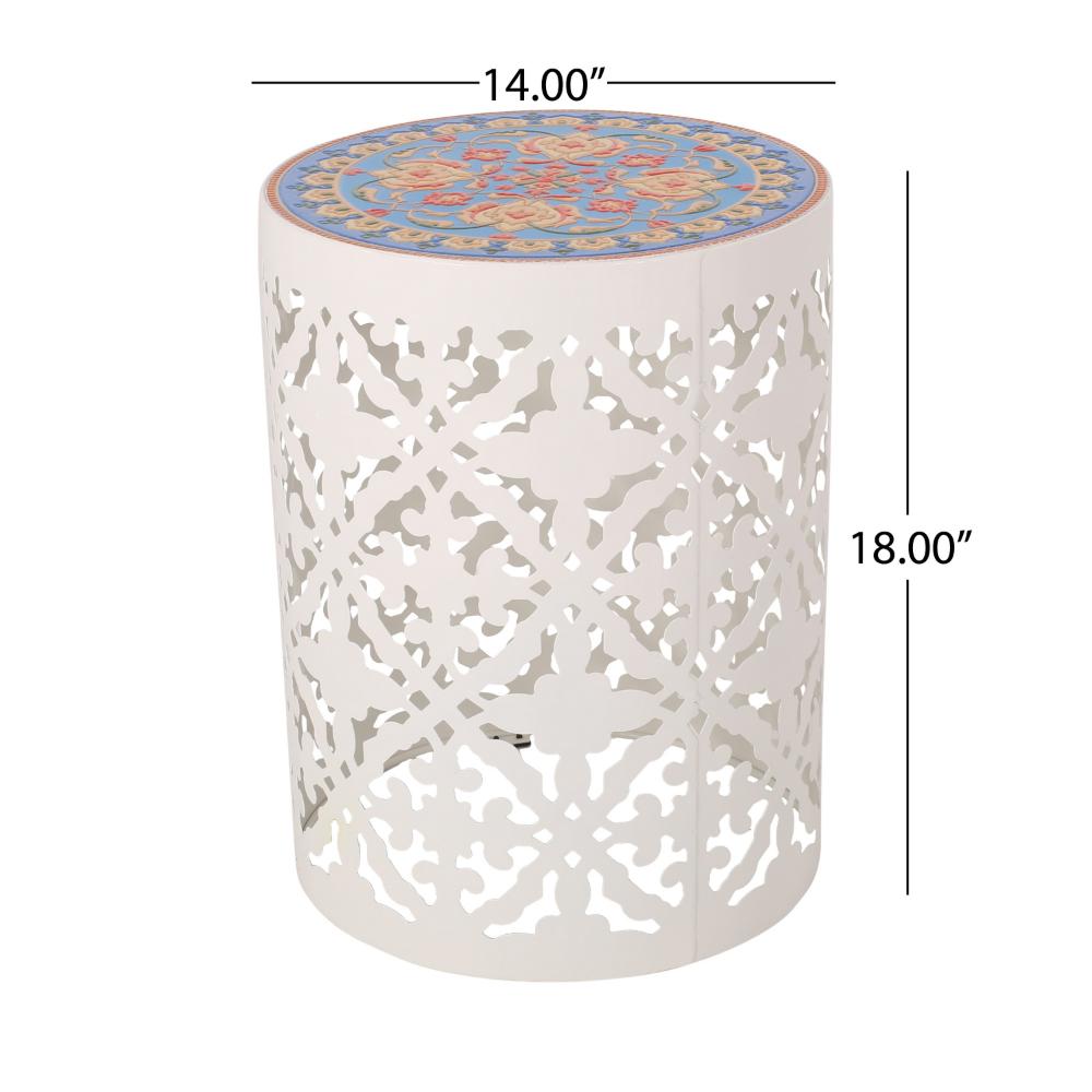 Riki Side End Table, 14 Inch, Mosaic Tile Rattan, White Lace Cut Metal -BM323678