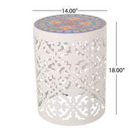 Riki Side End Table, 14 Inch, Mosaic Tile Rattan, White Lace Cut Metal -BM323678