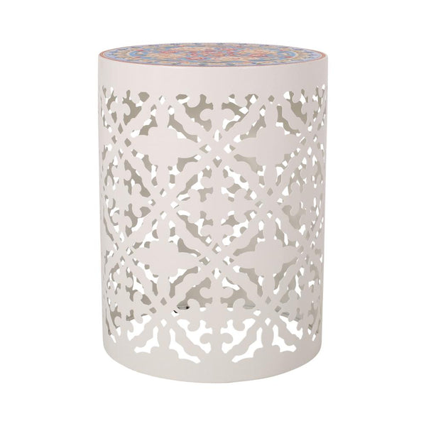 Riki Side End Table, 14 Inch, Mosaic Tile Rattan, White Lace Cut Metal