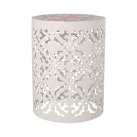 Riki Side End Table, 14 Inch, Mosaic Tile Rattan, White Lace Cut Metal -BM323678