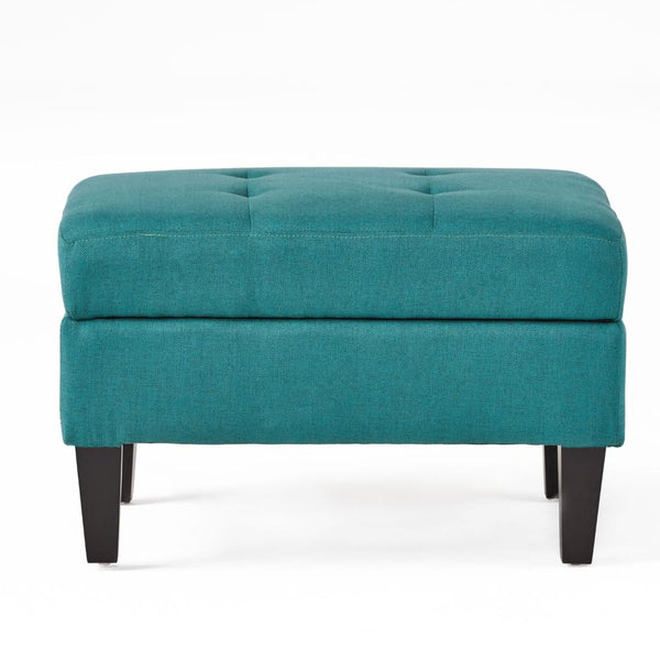 Ottoman with Storage, 28 Inch, Black Birch Wood, Teal Waffle Stitched -BM323679