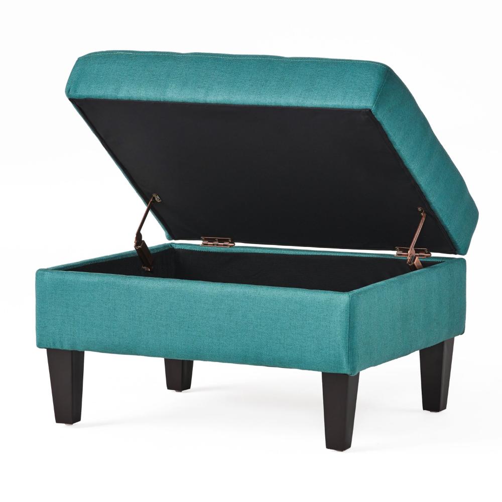 Ottoman with Storage, 28 Inch, Black Birch Wood, Teal Waffle Stitched -BM323679